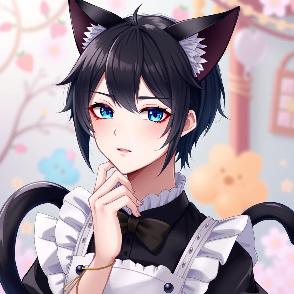 An 18-year-old femboy with striking black hair and vibrant blue eyes