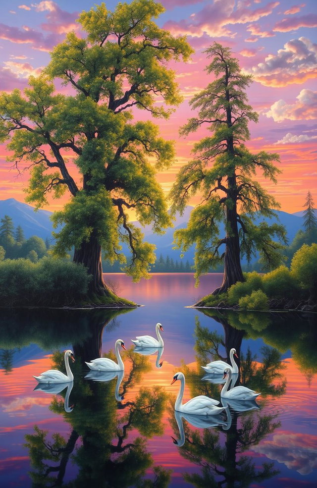 A majestic landscape painting featuring a tranquil lake surrounded by tall, ancient trees adorned with vibrant green leaves