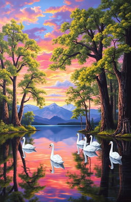 A majestic landscape painting featuring a tranquil lake surrounded by tall, ancient trees adorned with vibrant green leaves
