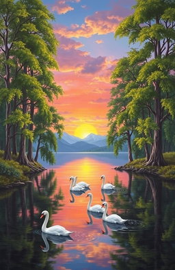 A majestic landscape painting featuring a tranquil lake surrounded by tall, ancient trees adorned with vibrant green leaves