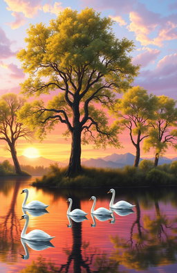 A majestic landscape painting featuring a tranquil lake surrounded by tall, ancient trees adorned with vibrant green leaves