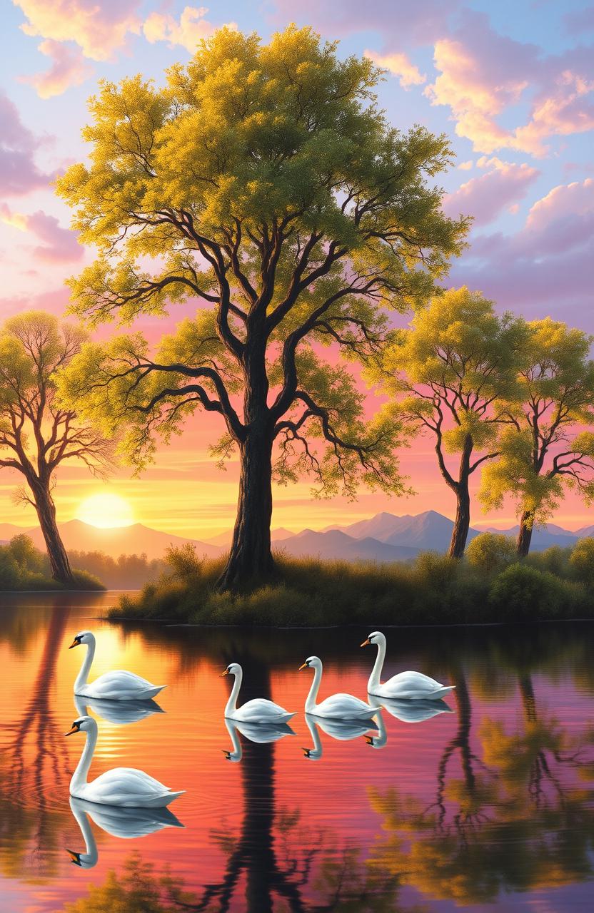 A majestic landscape painting featuring a tranquil lake surrounded by tall, ancient trees adorned with vibrant green leaves