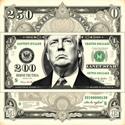 A newly designed $250 dollar bill featuring a prominent, detailed black and white portrait of Donald Trump