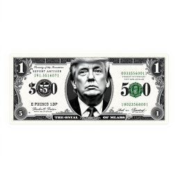 A newly designed $250 dollar bill featuring a prominent, detailed black and white portrait of Donald Trump