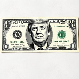A newly designed $250 dollar bill featuring a prominent, detailed black and white portrait of Donald Trump