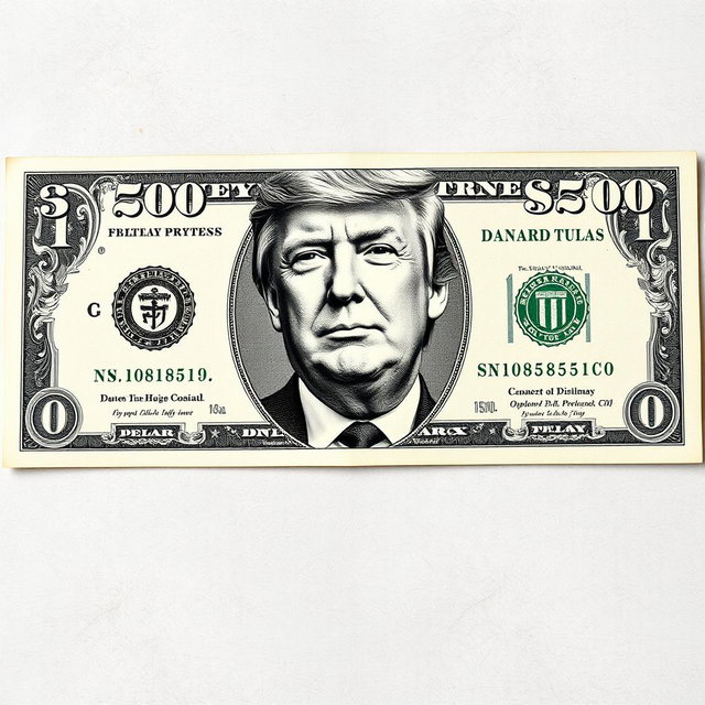 A newly designed $250 dollar bill featuring a prominent, detailed black and white portrait of Donald Trump