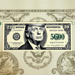 A newly designed $250 dollar bill featuring a prominent, detailed black and white portrait of Donald Trump