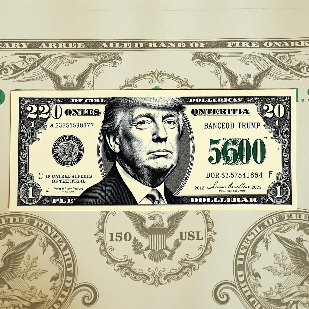 A newly designed $250 dollar bill featuring a prominent, detailed black and white portrait of Donald Trump