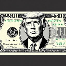 A creative design of a new $250 dollar bill featuring an artistic rendering of Donald Trump's face prominently in the center, printed in black and white