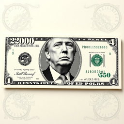 A creative design of a new $250 dollar bill featuring an artistic rendering of Donald Trump's face prominently in the center, printed in black and white