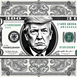 A creative design of a new $250 dollar bill featuring an artistic rendering of Donald Trump's face prominently in the center, printed in black and white