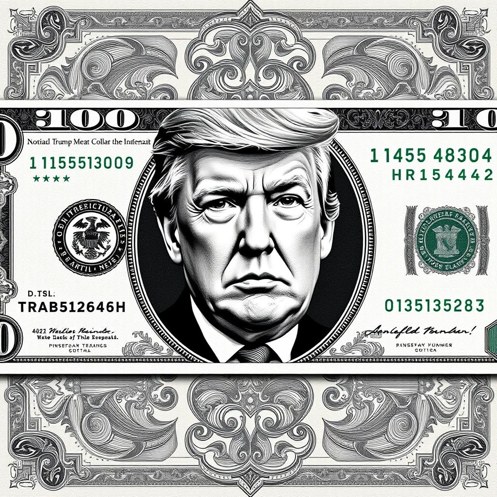 A creative design of a new $250 dollar bill featuring an artistic rendering of Donald Trump's face prominently in the center, printed in black and white