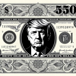 A creative design of a new $250 dollar bill featuring an artistic rendering of Donald Trump's face prominently in the center, printed in black and white