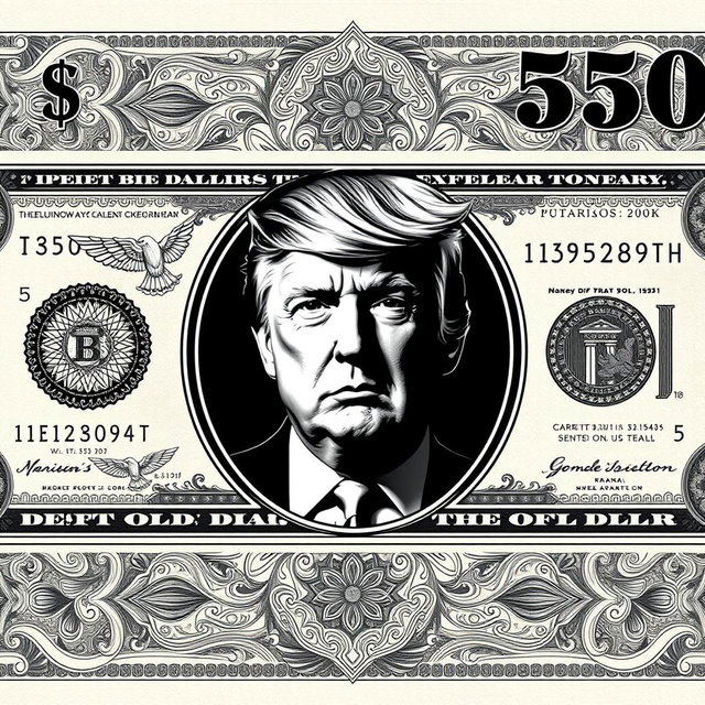A creative design of a new $250 dollar bill featuring an artistic rendering of Donald Trump's face prominently in the center, printed in black and white