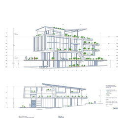A detailed architectural blueprint showcasing innovative design elements of a modern building