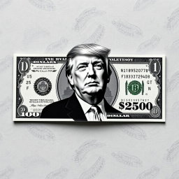 A creatively designed $250 bill featuring a prominent black and white portrait of Donald Trump