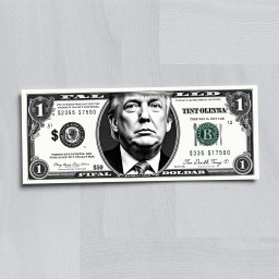 A creatively designed $250 bill featuring a prominent black and white portrait of Donald Trump