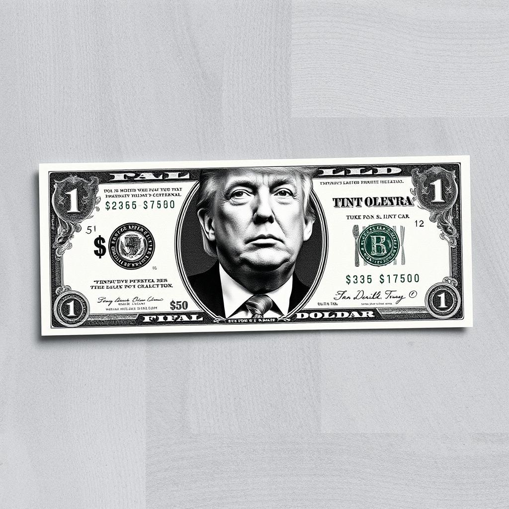 A creatively designed $250 bill featuring a prominent black and white portrait of Donald Trump