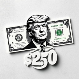 A creatively designed $250 bill featuring a prominent black and white portrait of Donald Trump