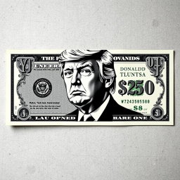 A creatively designed $250 bill featuring a prominent black and white portrait of Donald Trump
