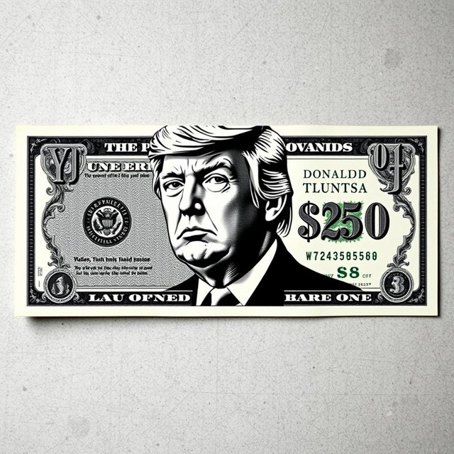 A creatively designed $250 bill featuring a prominent black and white portrait of Donald Trump