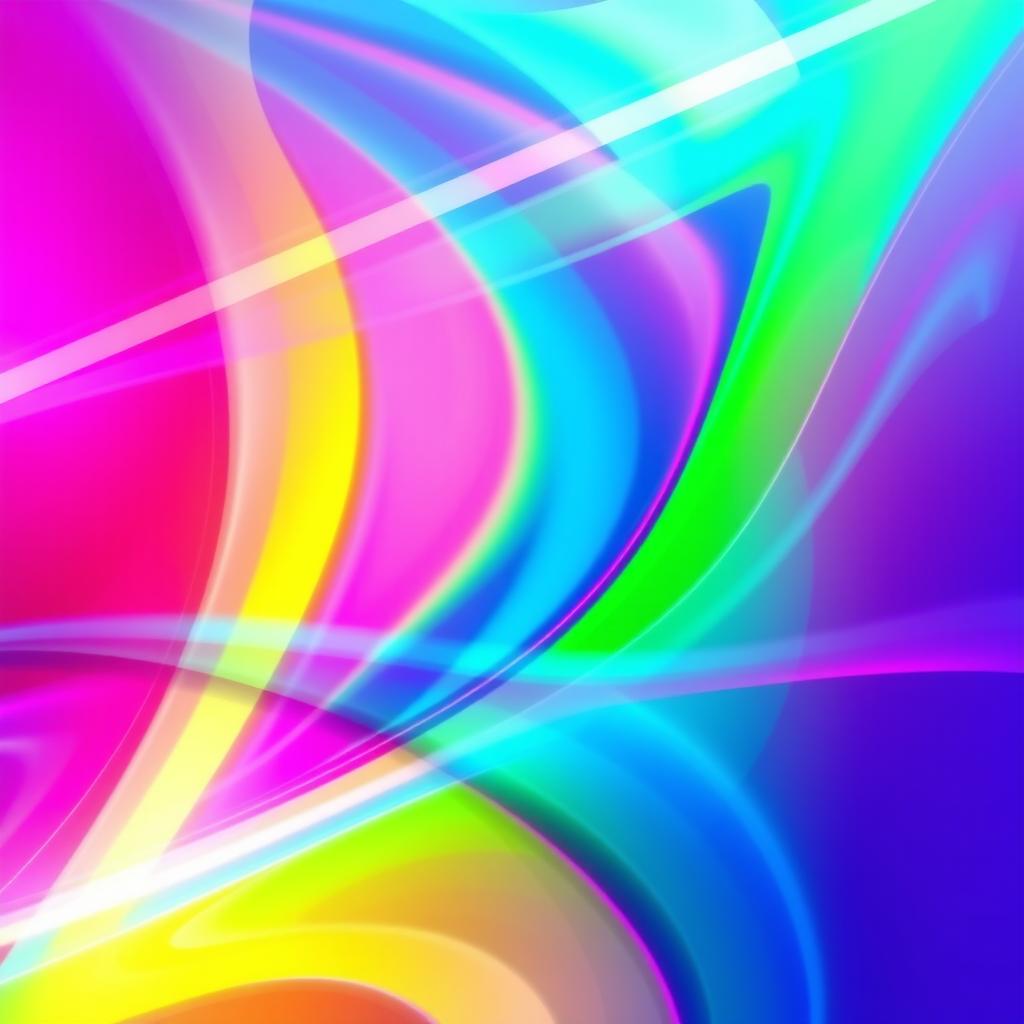 A vibrant, abstract design featuring swirling colors and geometric shapes, merging hues of electric blue, neon green, and bright pink to create a mesmerizing visual tapestry