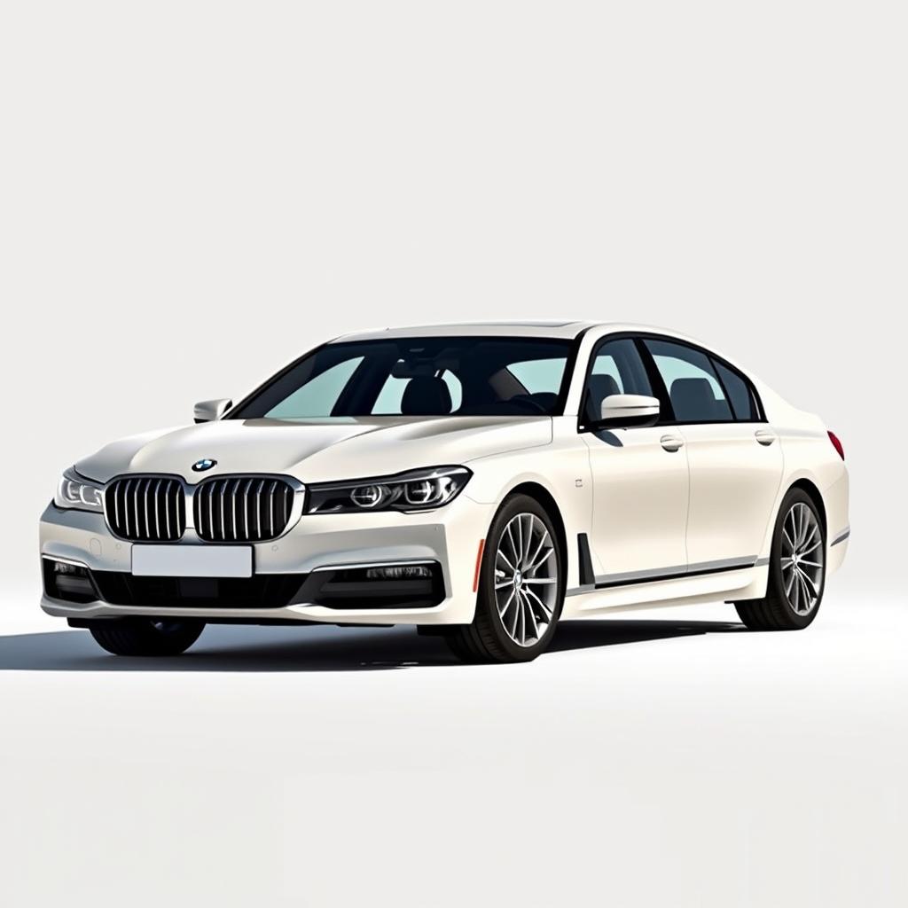 A side view of a BMW 7 Series G70 sedan, parked on a clean, simple background that emphasizes the car's sleek design