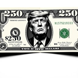 A creatively designed dollar bill featuring a fictional $250 denomination, prominently displaying the number '250' in the corners of the bill