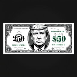 A creatively designed dollar bill featuring a fictional $250 denomination, prominently displaying the number '250' in the corners of the bill
