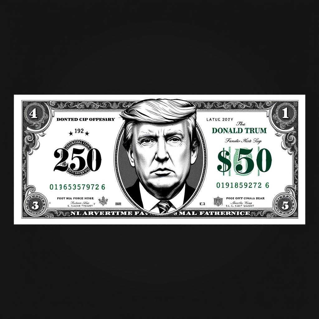 A creatively designed dollar bill featuring a fictional $250 denomination, prominently displaying the number '250' in the corners of the bill