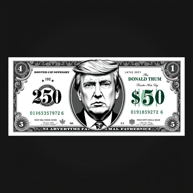 A creatively designed dollar bill featuring a fictional $250 denomination, prominently displaying the number '250' in the corners of the bill
