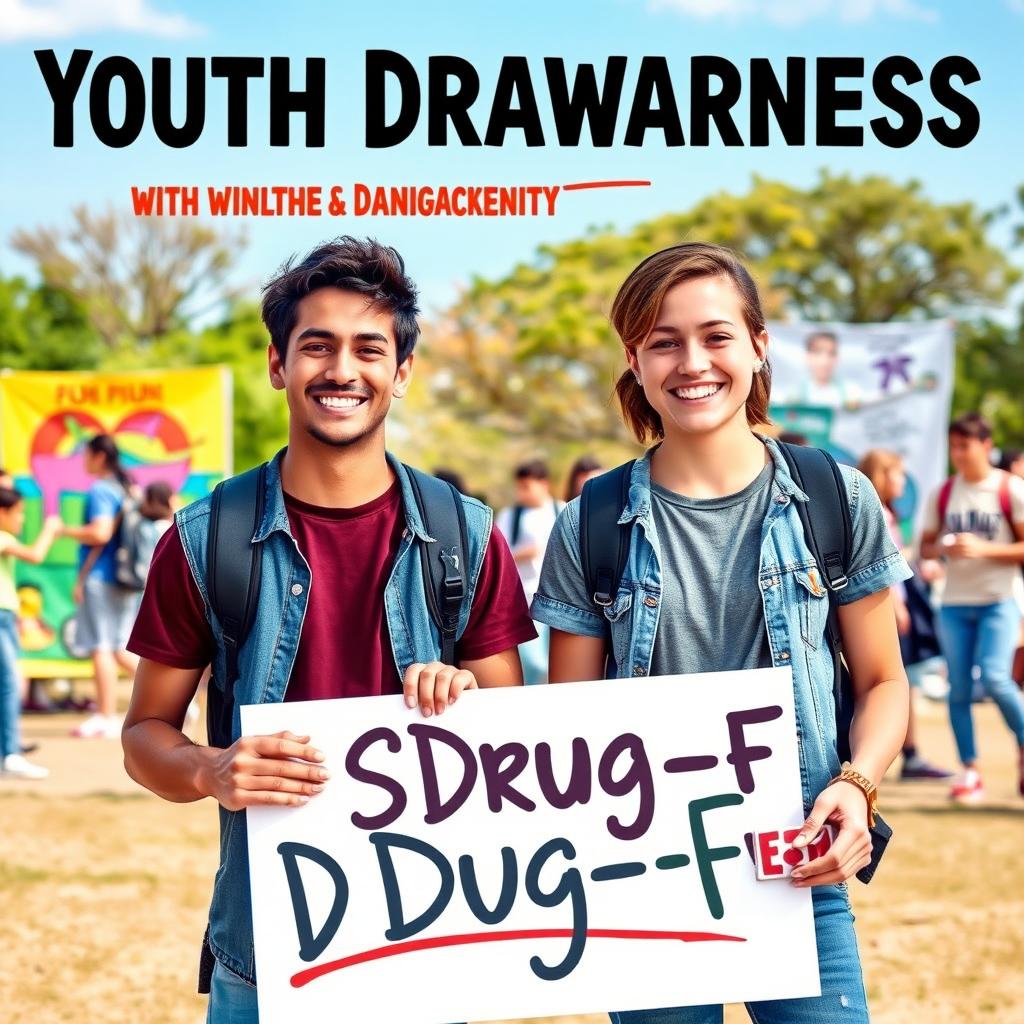 A vibrant and engaging poster for a youth drug awareness campaign, showcasing a diverse group of teenagers actively participating in a community event