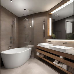 Modern and elegant bathroom interior with sleek fixtures, ambient lighting, and tasteful decor.