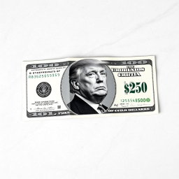 A creatively folded dollar bill showcasing a unique $250 denomination, with Donald Trump's portrait prominently featured in black and white on the bill