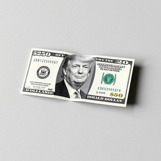 A creatively folded dollar bill showcasing a unique $250 denomination, with Donald Trump's portrait prominently featured in black and white on the bill