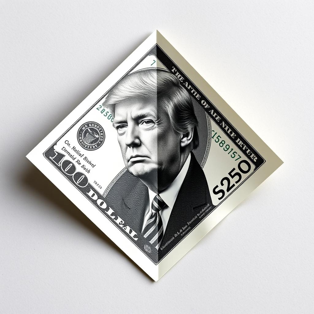 A creatively folded dollar bill showcasing a unique $250 denomination, with Donald Trump's portrait prominently featured in black and white on the bill