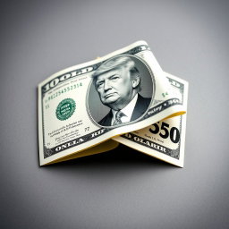 A creatively folded dollar bill showcasing a unique $250 denomination, with Donald Trump's portrait prominently featured in black and white on the bill