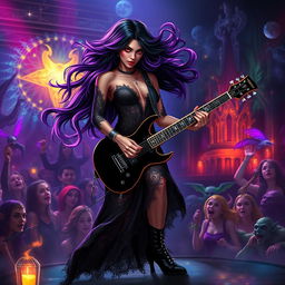 In a Dungeons & Dragons art style, a stunning Latina rockstar vampire plays her electric guitar passionately on a mystical stage