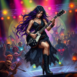 In a Dungeons & Dragons art style, a stunning Latina rockstar vampire plays her electric guitar passionately on a mystical stage