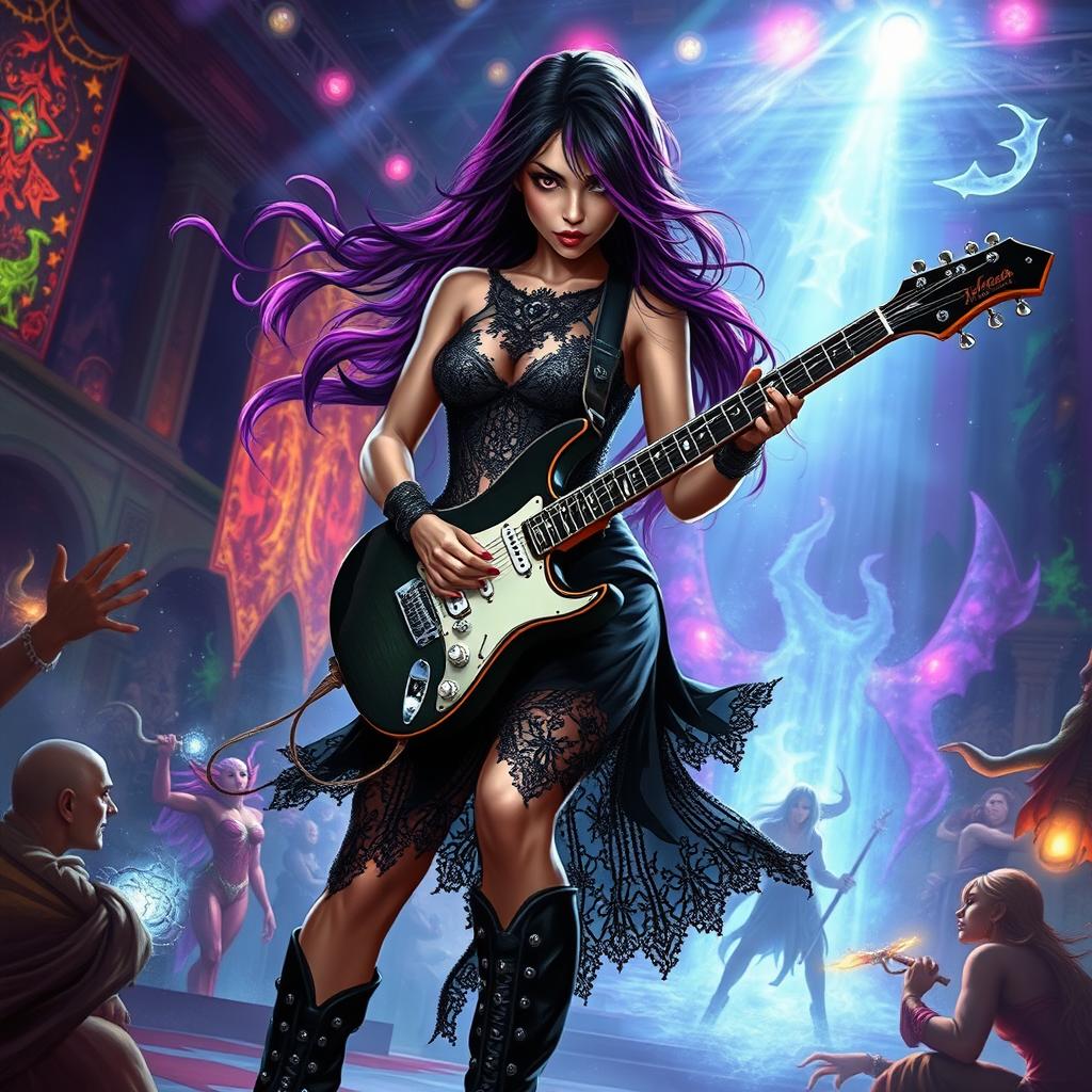 In a Dungeons & Dragons art style, a stunning Latina rockstar vampire plays her electric guitar passionately on a mystical stage