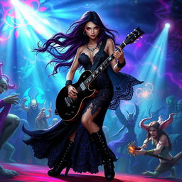 In a Dungeons & Dragons art style, a stunning Latina rockstar vampire plays her electric guitar passionately on a mystical stage