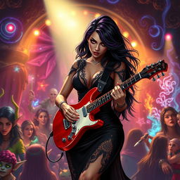 In a Dungeons & Dragons art style, a glamorous Latina rockstar vampire passionately plays her electric guitar on a vibrant stage filled with mystical elements