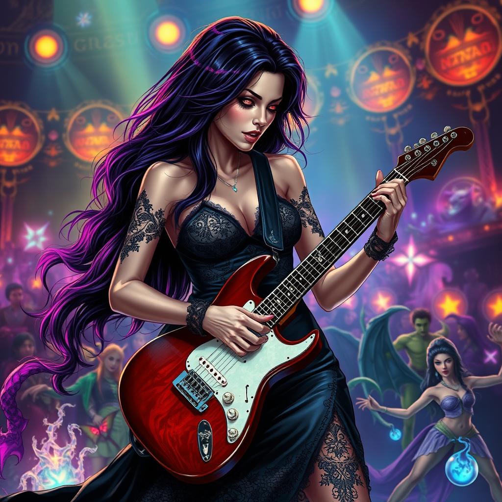 In a Dungeons & Dragons art style, a glamorous Latina rockstar vampire passionately plays her electric guitar on a vibrant stage filled with mystical elements
