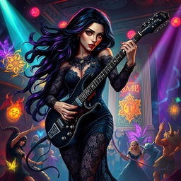 In a Dungeons & Dragons art style, a glamorous Latina rockstar vampire passionately plays her electric guitar on a vibrant stage filled with mystical elements