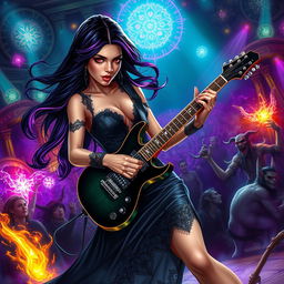 In a Dungeons & Dragons art style, a glamorous Latina rockstar vampire passionately plays her electric guitar on a vibrant stage filled with mystical elements
