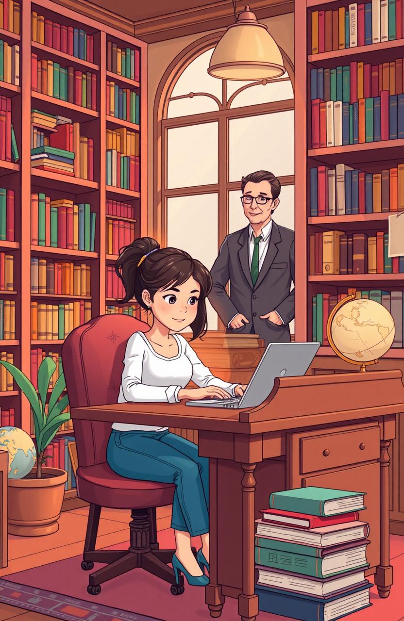 A cartoon-style illustration of a woman sitting at a vintage roll-top desk, focused on typing on her laptop