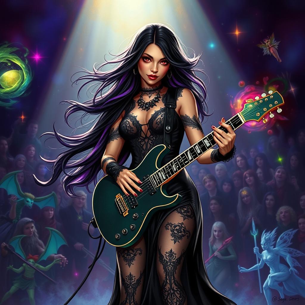 In a Dungeons & Dragons art style, a captivating Latina rockstar vampire stands on stage, showcasing her talent while playing an electric guitar