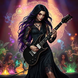 In a Dungeons & Dragons art style, a captivating Latina rockstar vampire stands on stage, showcasing her talent while playing an electric guitar