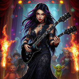 In a Dungeons & Dragons art style, a captivating Latina rockstar vampire stands on stage, showcasing her talent while playing an electric guitar