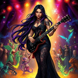 In a Dungeons & Dragons art style, a captivating Latina rockstar vampire stands on stage, showcasing her talent while playing an electric guitar